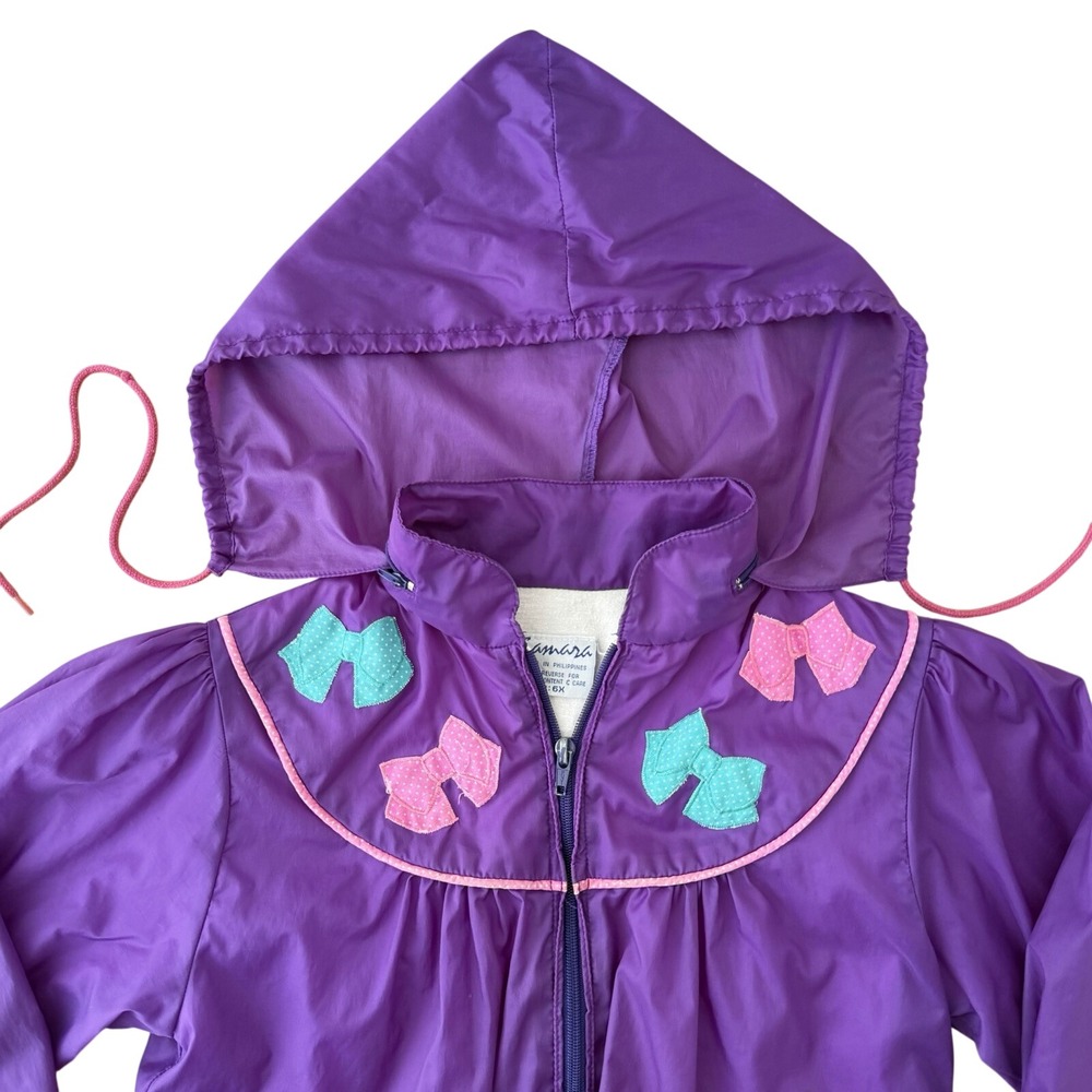 Vintage Samara Purple Kids Rain Jacket 6X Hooded Bow Applique Windbreaker - Picture 4 of 9